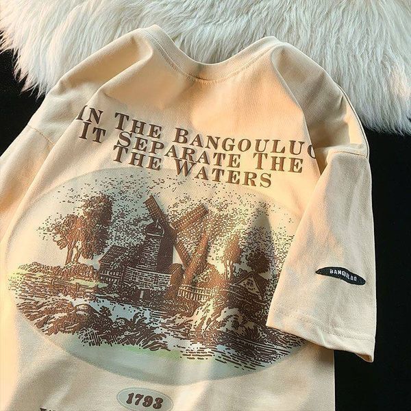 

womens tshirt american style retro windmill castle pure cotton short sleeved men and women oversize summer loose casual couple tshirt clothe, White