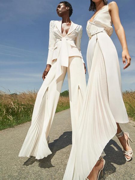 

sweaters fashion 2023 designer suit set women's lacing belt blazer pleated zip pants set 2pcs set, White;black