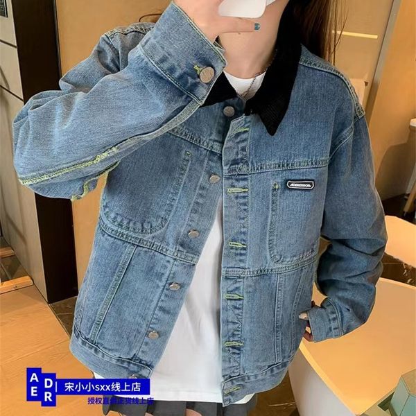 

womens jackets ader 1 color contrast lapel jean jacket oversize loose vintage short 230707, Black;brown