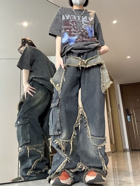 

womens pants capris y2k vintage men korean blue streetwear oversize star aesthetic straight trousers wide leg jeans grunge denim women cloth, Black;white