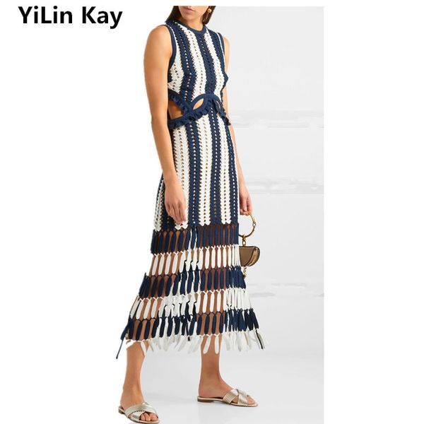 

kay dresses yilin highquality fashion knitted tank dress white blue patchwork striped beach dresses women summer maxi long dresses, Black