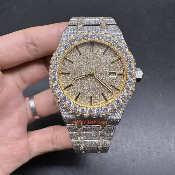 

new men's iced diamond watch 2tone gold case watches bigger diamond bezel 8215 automatic movement shiny watches, Slivery;brown