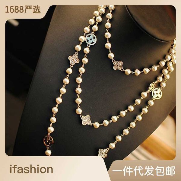 

sweater chain long japan korea autumn winter versatile korean rose gold plated clover double pearl necklace, Silver