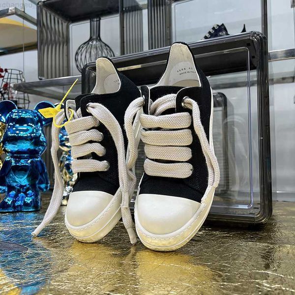 

rick casual shoes thick shoelaces owens low cut genuine leather shoes for men and women thick sole casual board shoes, Black