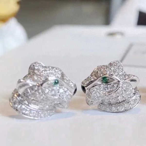 

high version carti leopard earrings 925 sterling silver plated 18k gold green eye full diamond head high edition, Golden;silver