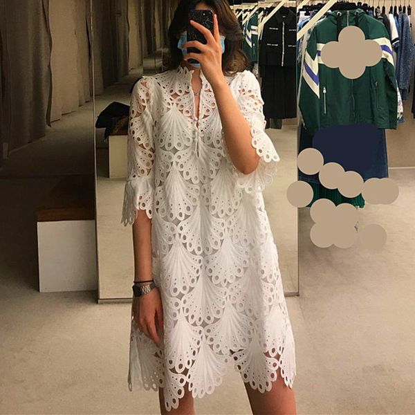 

new maje hollow lace embroidery v-neck white skirt, Black;gray