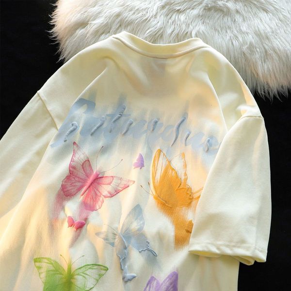

womens tshirt american fun colorful butterfly printing pure cotton short sleeve tshirt for men and women summer ins loose casual couple 2307, White