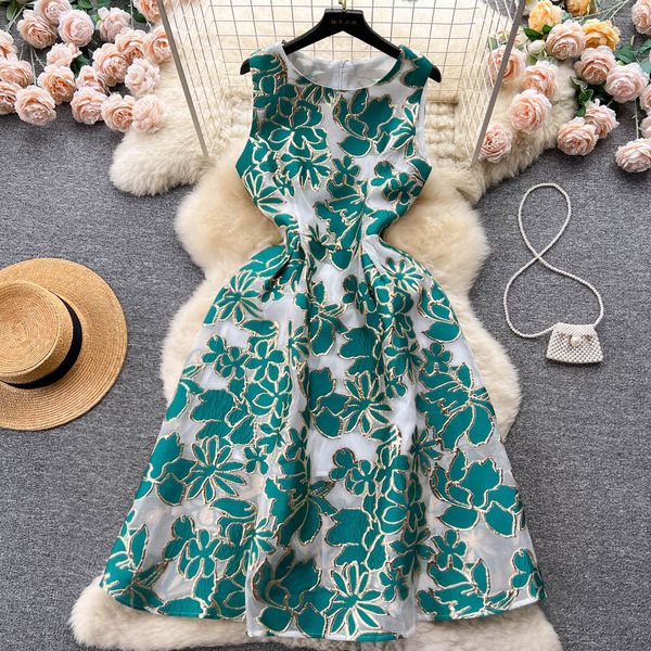 

basic casual dresses new fashion round neck jacquard a-line vest dress women slim sleeveless party clothes vestidos de mujer 2023, Black;gray