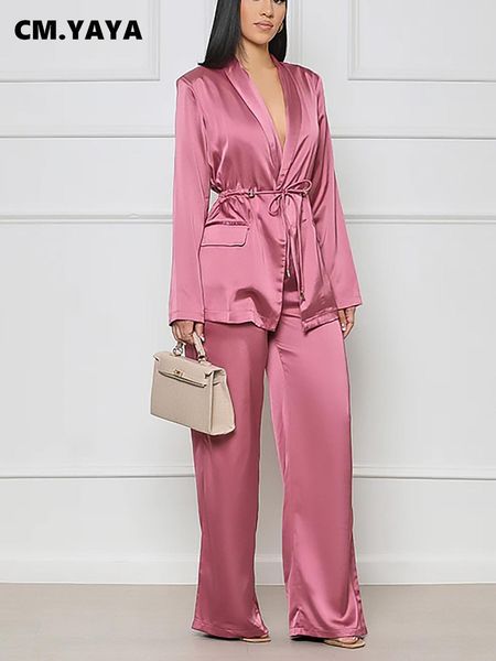 

pants cm.yaya women fashion satin pamas set spring summer 2023 ins straight pants suit and notched neck shirt two 2 piece set outfit, White
