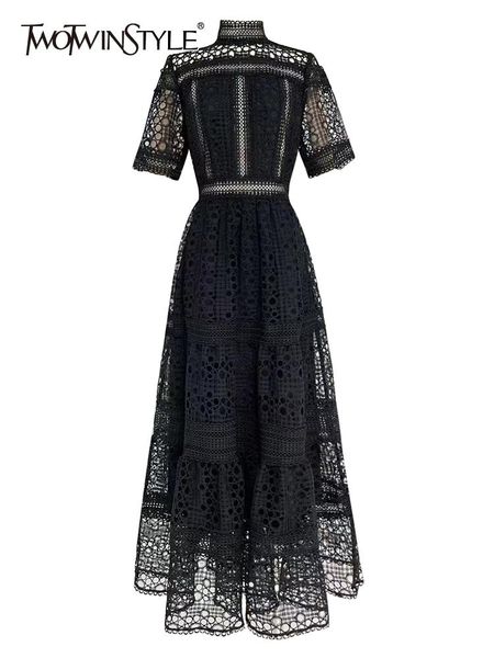 

pants twotwinstyle vintage embroidery dress for women stand collar short sleeve high waist lace panel cut out elegant dresses female, White