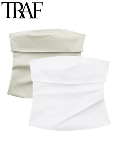 

traf summer dresses women crop traf ruched foldsover sleeveless zipper back strapless slim tanks female bustier y2k tanks, Black