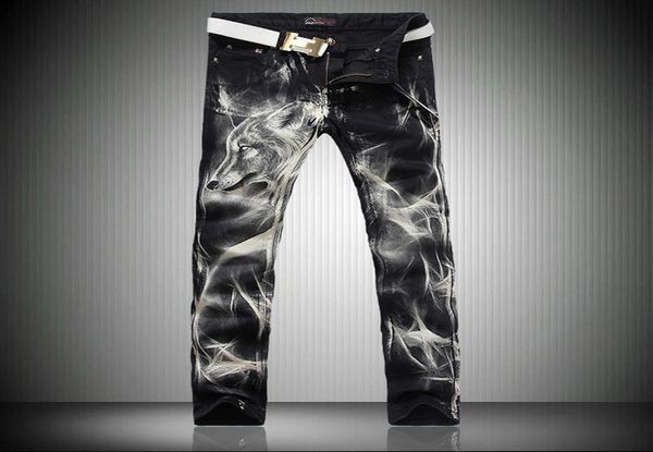 

fashion big size mens printed jeans black stretch slim fit painted wolf totem print night club singers trousers8762766, Black;green