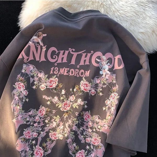 

womens tshirt american style retro loose rose butterfly angel printing short sleeve tshirt for men and women lovers summer loose casual 2307, White