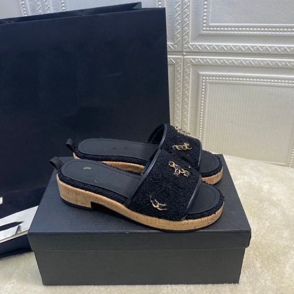 

designer platform sandals summer channel slippers women chain leather sandal outdoor beach flat woman ccity slide gfcncv, Black