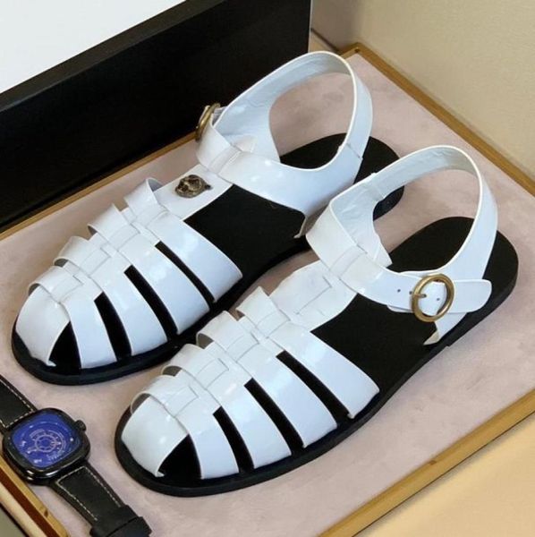 

brand men cow leather sandalssummer cool fashion golden lion buckle beach slippers metal rivets flat gladiator sandals37366666, Black