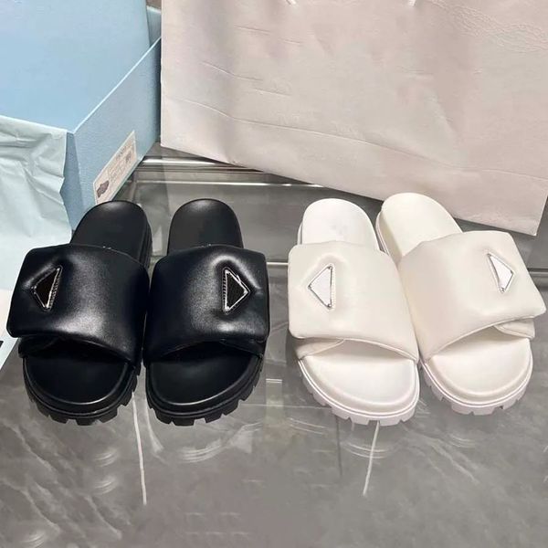 

women slides classic leather slide slippers platform sandals shoes slip-on triangle logo flats sandal women luxury designer slides slipper f, Black
