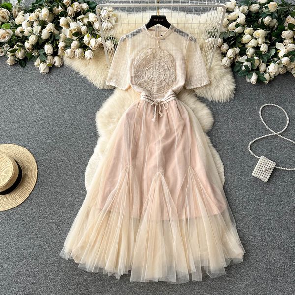 

basic casual dresses fashion summer celebrity lace openwork embroidered a-line dress women's round neck short sleeve mesh party clothes, Black;gray