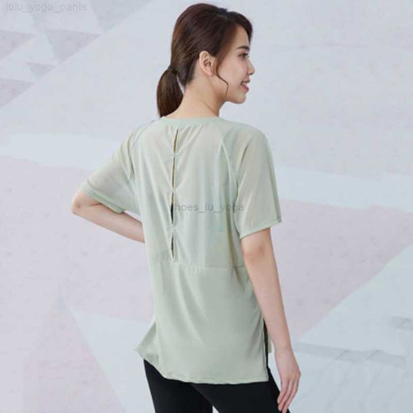 

lu yoga new 2021 yoga sports short-sleeved women's fitness sports mesh stitching hollow beautiful back breathable sweat-absorbing t-shi