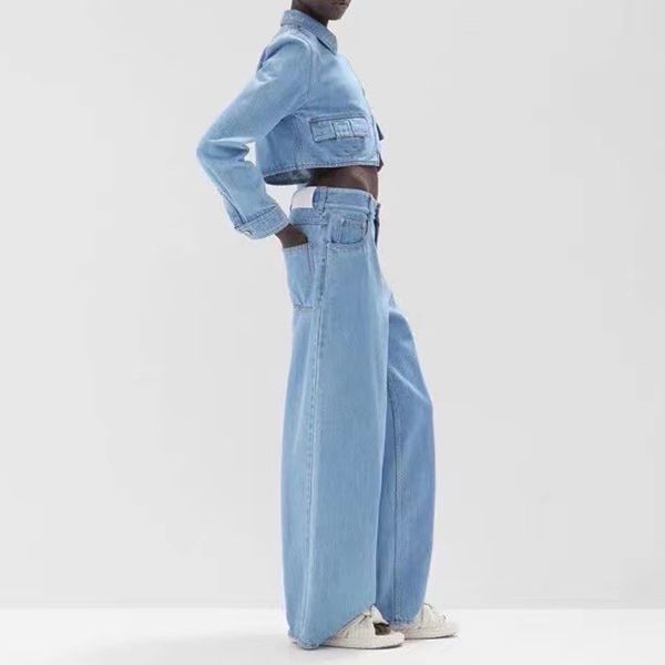 

p009 women's two piece pants luxury spenneooy light blue short style jacket women's turn-down collar casual straight barrel long s, White
