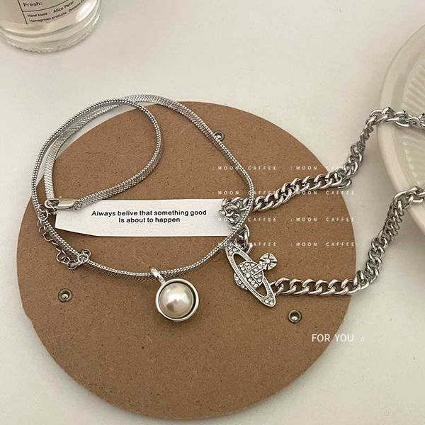 

western empress dowager vivian's cool style inlaid small diamonds gold plated thick chain necklace stacked with beads and collarbone, Silver