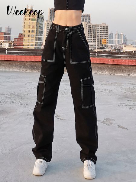 

womens jeans weekeep pockets patchwork baggy fashion streetwear 100% cotton women denim trouser loose cargo pants korean harajuku 230707, Blue