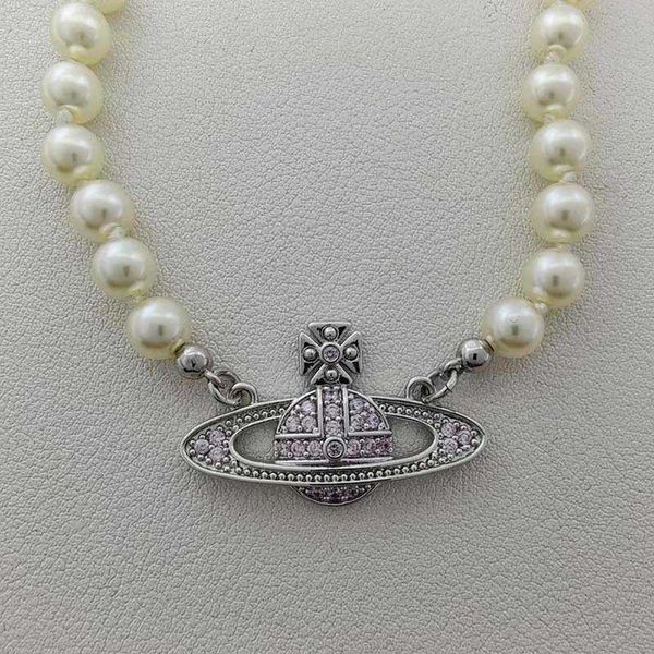 

light luxury western empress dowager same sparkling diamond pendant shi jia pearl copper plating fashion necklace collar chain, Silver