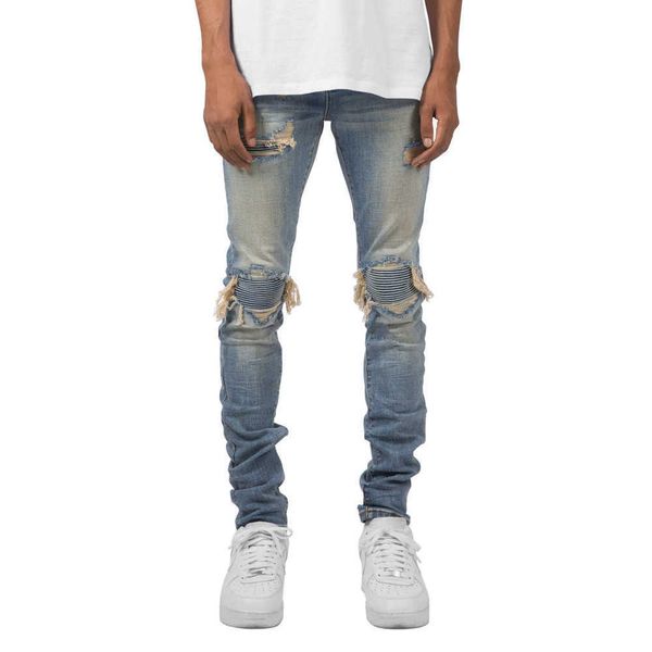 

designer jeans plus size fashion style men's jeans personalized pleated stretch men's jeans, Blue