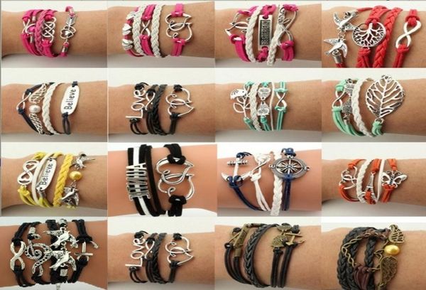 

handmade charms jewelry infinity bracelets leather braid owls branch lovely bird infinity charm bracelet men women chirstimas birt1513090, Golden;silver