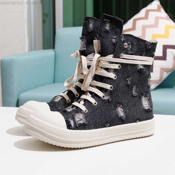 

rick high-canvas shoes trendy hole denim ro owens casual winter boots for men's women, Black