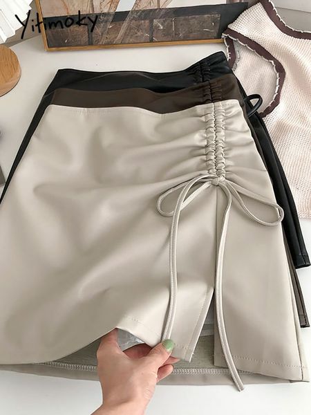 

skirts yitimoky split drawstring skirts for women spring summer high waisted mini skirt office ladies a line skirts with liner 230707, Black