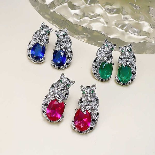 

high version carti flash diamond colorful treasure leopard earrings high carbon light luxury premium royal blue grandmother green pigeon blo, Golden;silver
