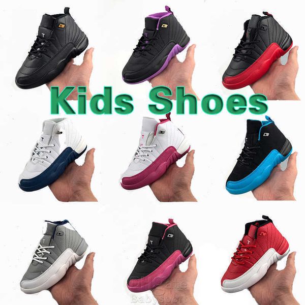 

kids basketball shoes 12s xii taxi dark grey vivid pink french blue gym red the master flu game sneaker children kids girls high cut, Black