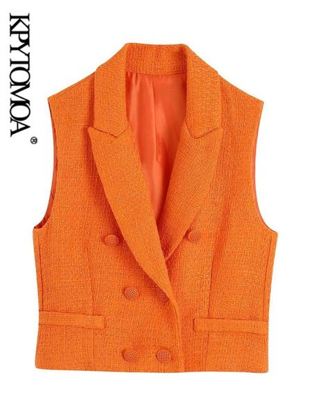 

pants kpytomoa women fashion front buttons tweed cropped waistcoat vintage lapel collar sleeveless female outerwear chic, White