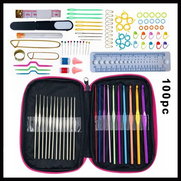 

100 piece crochet hooks set sewing tool multi-color crochet needles with stitch markers and crochet accessories in storage case for beginner, Black