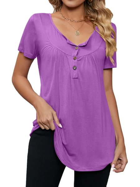 

womens tshirt women short sleeve solid v neck pleated 230707, White