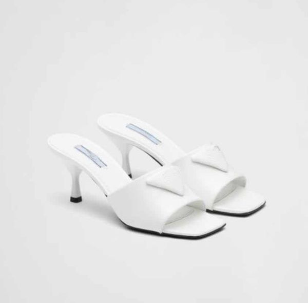 

luxury designers lady slipper triangle heel sandals brushed patent leather women slippers high heels square pumps inverted triangle flip flo, Black