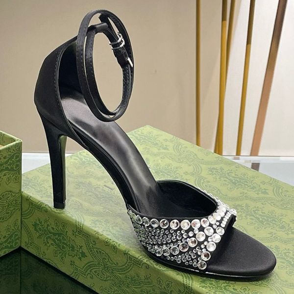 

rhinestones stiletto heels sandals satin cover heel heeled open-toe shoe leather outsole women's luxury designers evening dress party s, Black