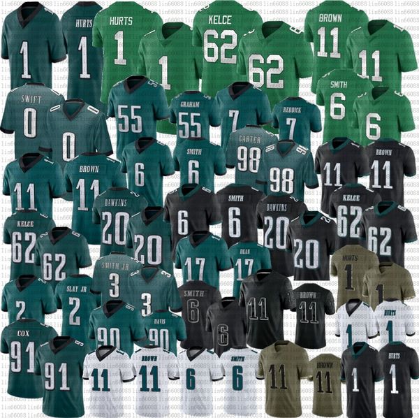 

jalen hurts football jersey devonta smith d'andre swift jason kelce haason reddick davis nakobe dean aj brown brian dawkins darius slay, Black;red