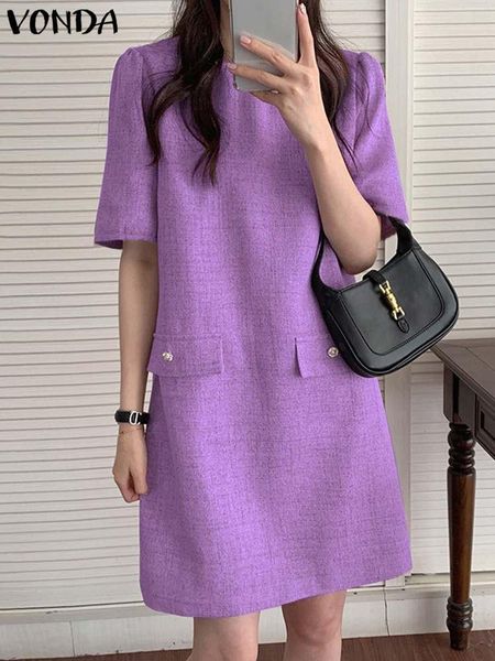 

dresses elegant short sleeve office lady dress 2023 vonda women dress vintage solid color party vestido robe femme female sundress baggy, Black;gray