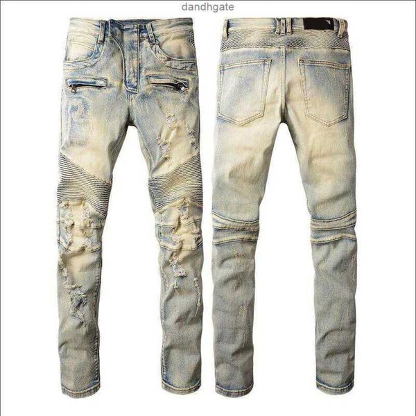 

2022 designer mens hip-hop fashion zipper hole wash jean pants retro torn fold stitching men design motorcycle riding cool slim pant purple, Blue