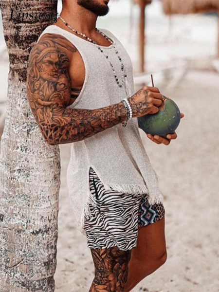 

pants vintage ripped solid knitted tank men summer fashion slit design vest shirt sleeveless loose oneck pullover men casual, White