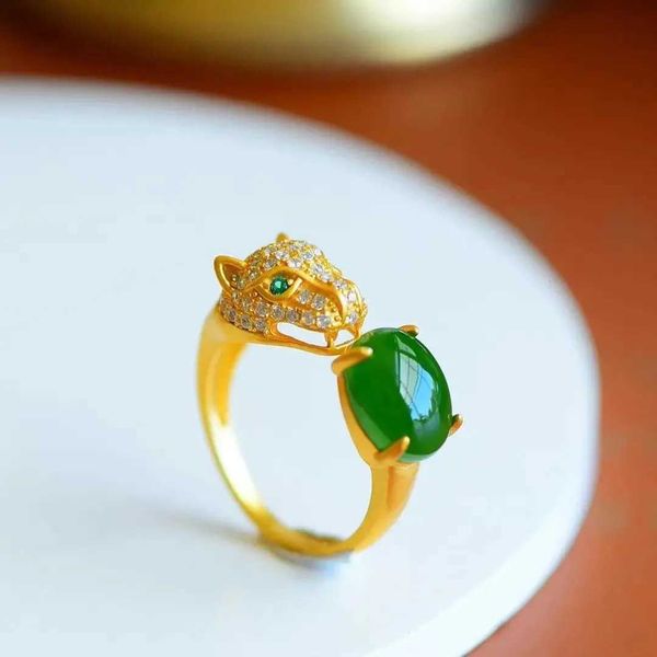

high version xinjiang chalcedony jasper egg s925 silver leopard head ring ancient law gold carti style elegance ornament