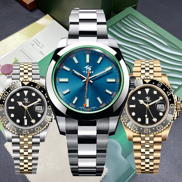 

men luxury sports watch steel quality gmt automatic mechanical watch 40mm dual color k gold ceramic ring blue dial glide lock flod clasp sap, Slivery;brown