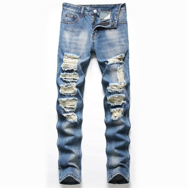 

mens jeans style denim mens trousers hole ruined straight plus size pants trend 230707, Blue