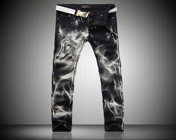 

fashion big size mens printed jeans black stretch slim fit painted wolf totem print night club singers trousers7001218, Black;green
