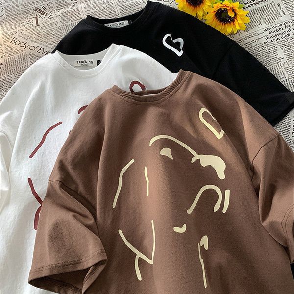 

womens tshirt summer cotton creative dog head silhouette short sleeved tshirt men and women ins loose versatile thin lovers round neck 23070, White