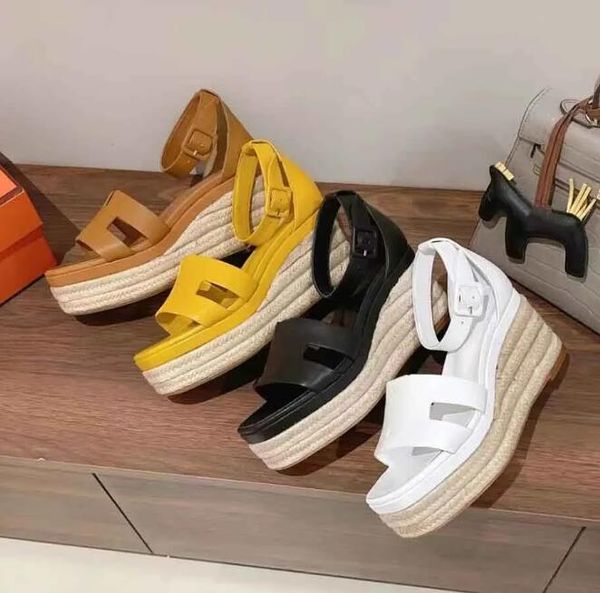 

designer platform wedge sandals leather slip on narrow band wedge shoes straw muffin soles loafers shoes flats luxury womens high heeled san, Black