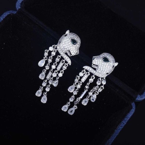 

high version carti's same full-size leopard earrings heavy engineering design temperament senior sense head tassel long ekpa, Golden;silver