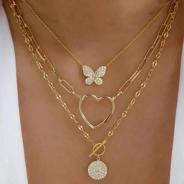 

strands strings bohemia multilayer crystal butterfly pendant necklaces for women hollow heart choker necklace fashion jewelry party gift n03, Black