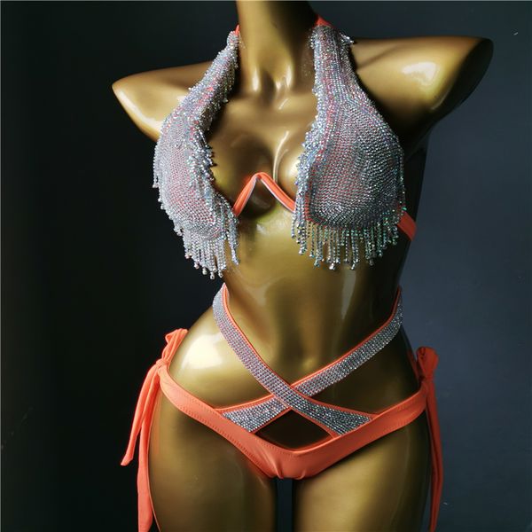 

women's swimwear vacation diamond tassels swimwear bikini set bling stones bathing suit women beachwear 230707, White;black